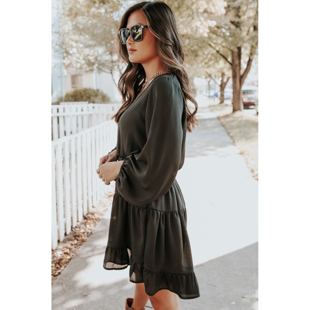 Black Tiered Ruffle Balloon Sleeve Dress - Picture 4 of 5